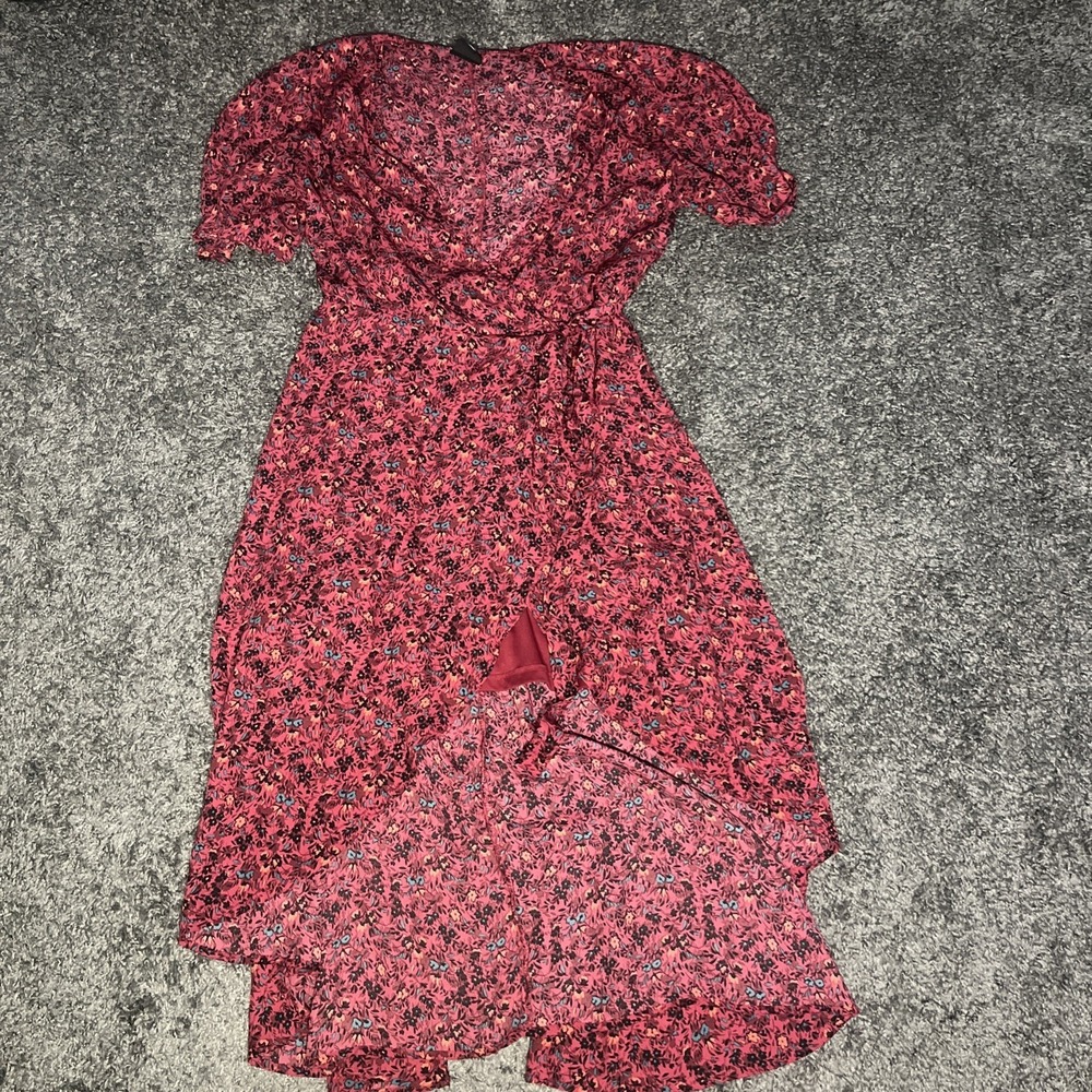 Bobeau Wrap Dress Floral Burgundy Flowy Sleeves Mid Length